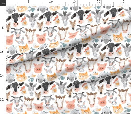 Farm Animals Cute Barnyard Watercolor Whimsical Custom Printed Fabric by Spoonflower Various Fabrics by the Yard or Fat Quarter